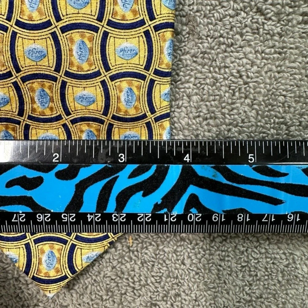 Pfizer Corporate Logo Silk Necktie Gold Navy Blue Geometric Pharmaceutical Tie